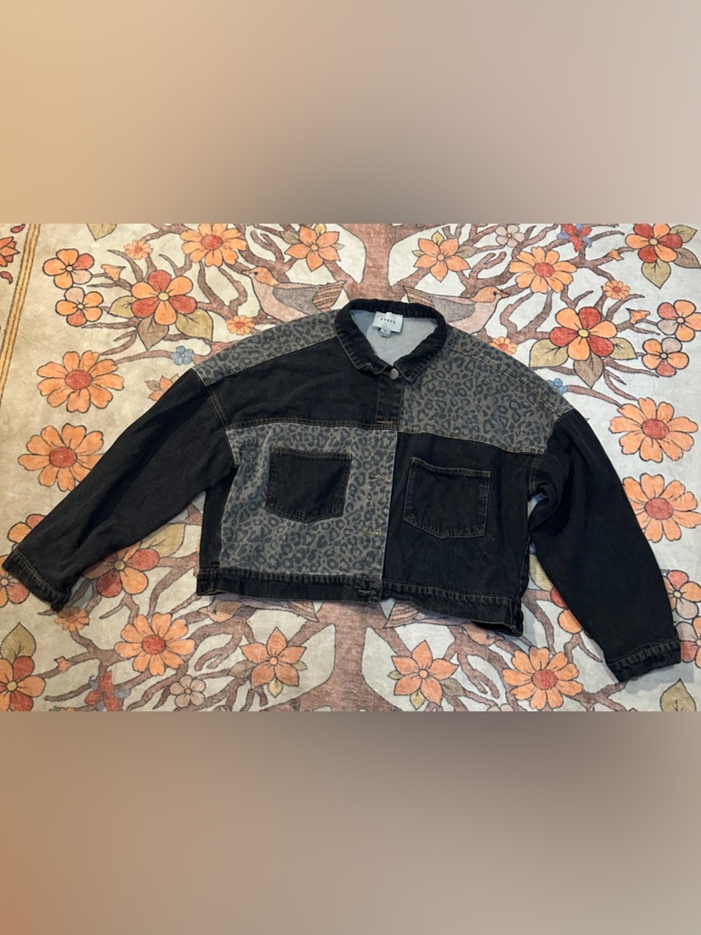 HYFVE Black and Gray Leopard Print Cropped Denim Jacket